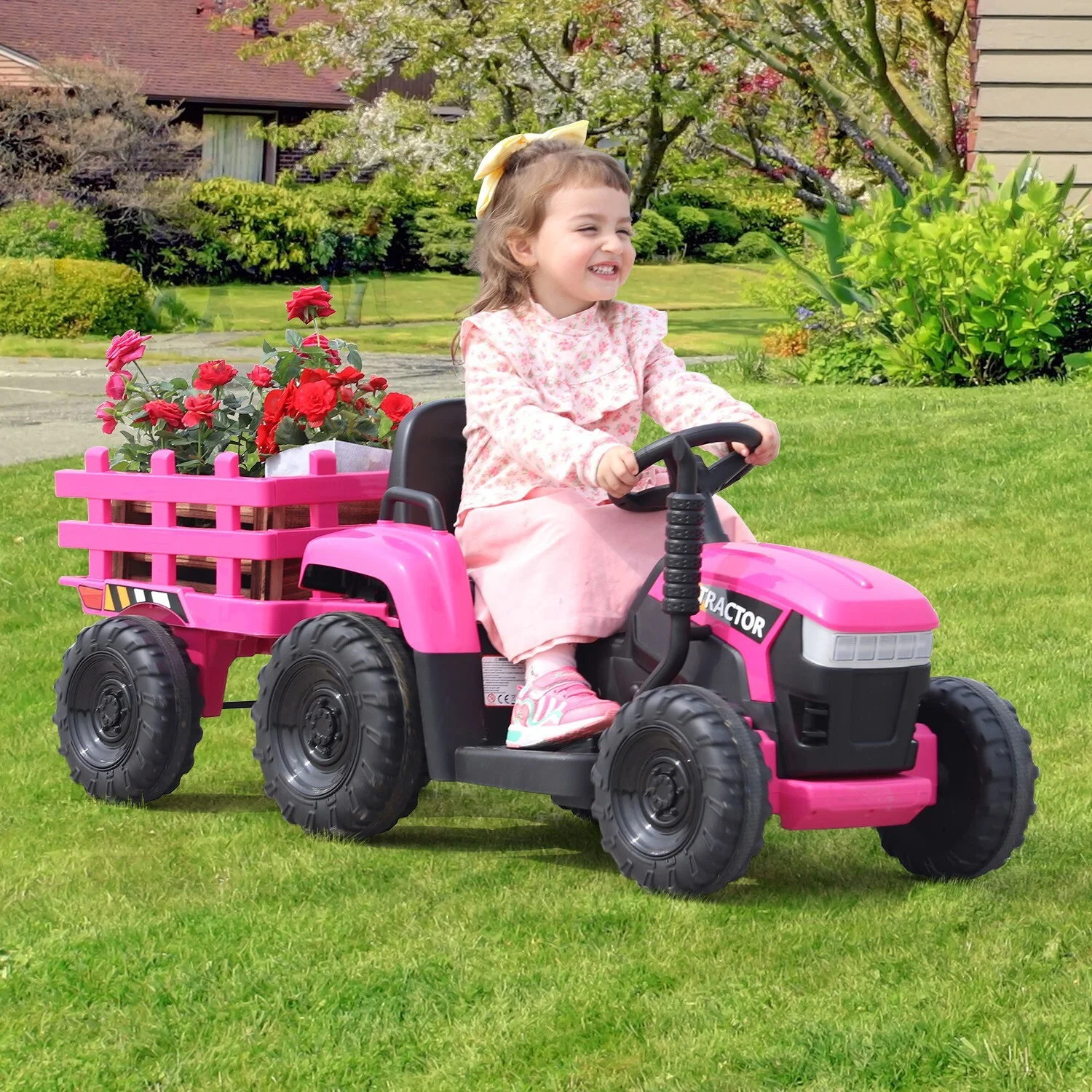 12V Electric Ride-On Tractor with Trailer Battery Powered Toy Car for Toddlers