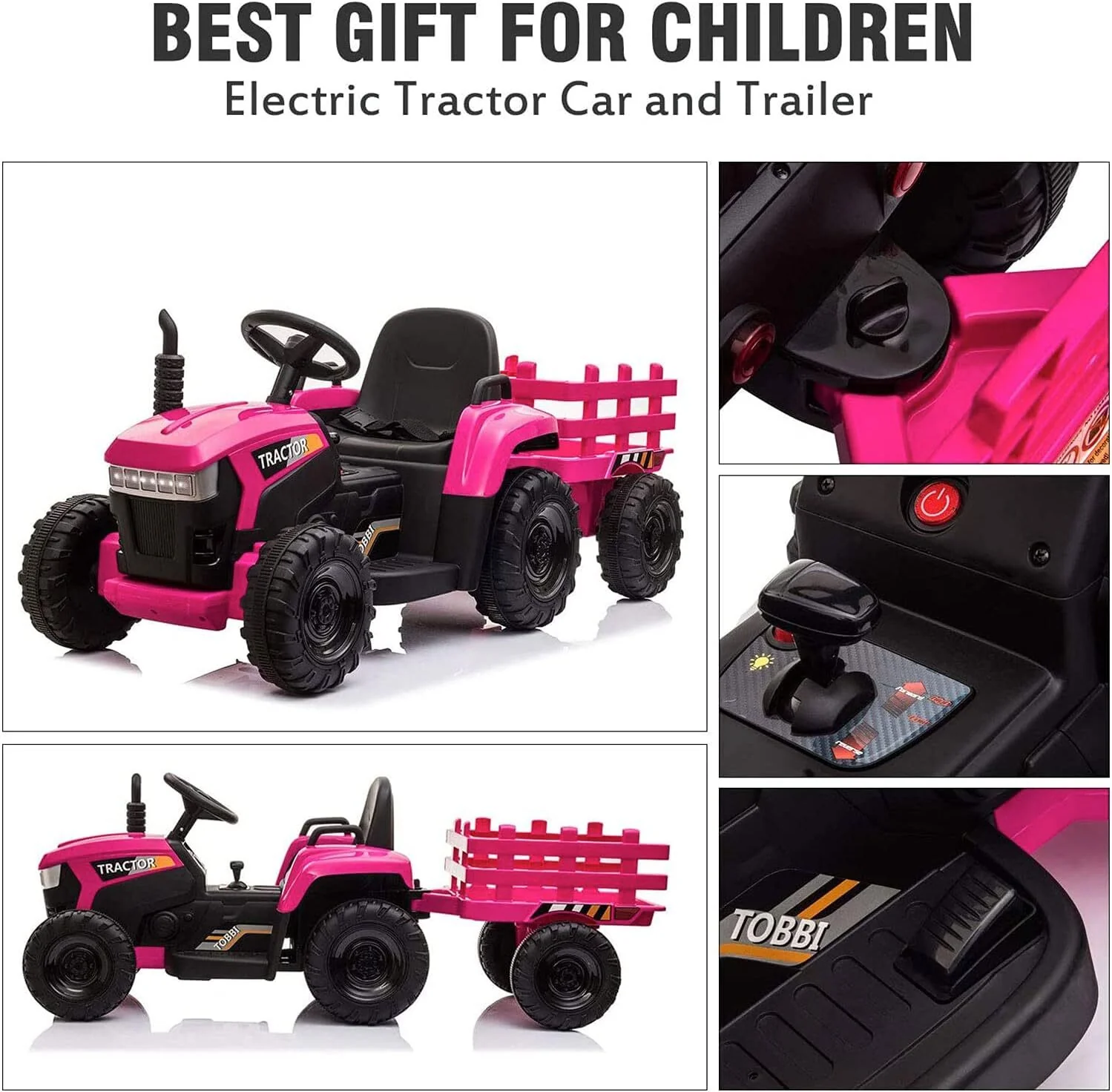 12V Electric Ride-On Tractor with Trailer Battery Powered Toy Car for Toddlers - Image 3