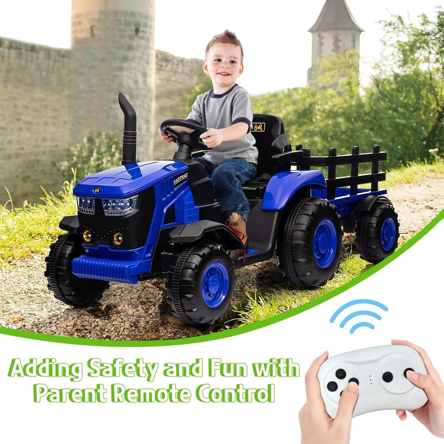 12V Electric Kids Ride-On Tractor Toy with Detachable Trailer and Remote Control Blue - Image 4