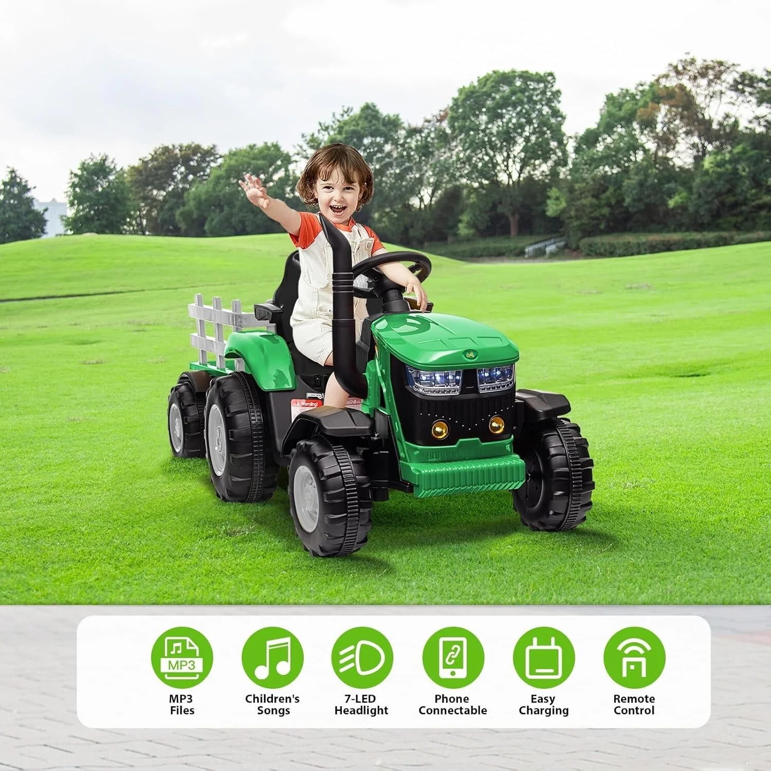 12V Kids Electric Ride-On Tractor Toy with Detachable Trailer and Remote Control Green - Image 3