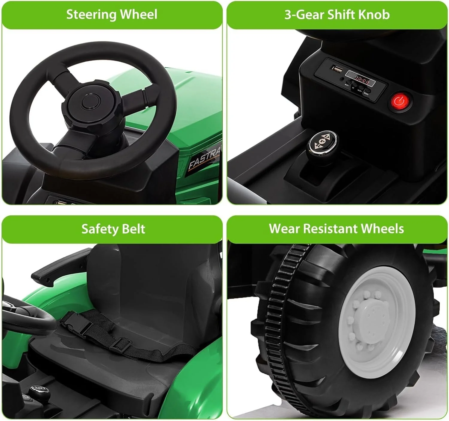 12V Kids Electric Ride-On Tractor Toy with Detachable Trailer and Remote Control Green - Image 5