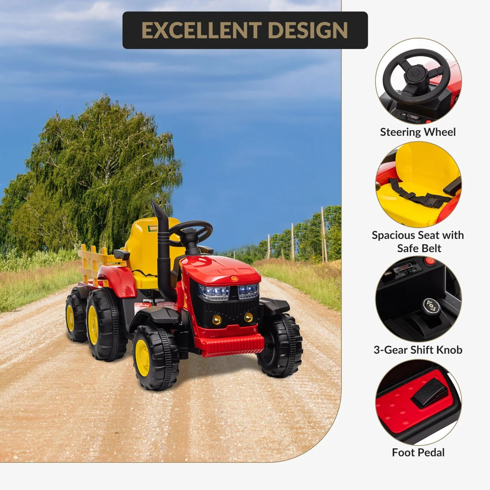 12V Electric Ride-On Kids Tractor with Trailer and Remote Control – Red - Image 4