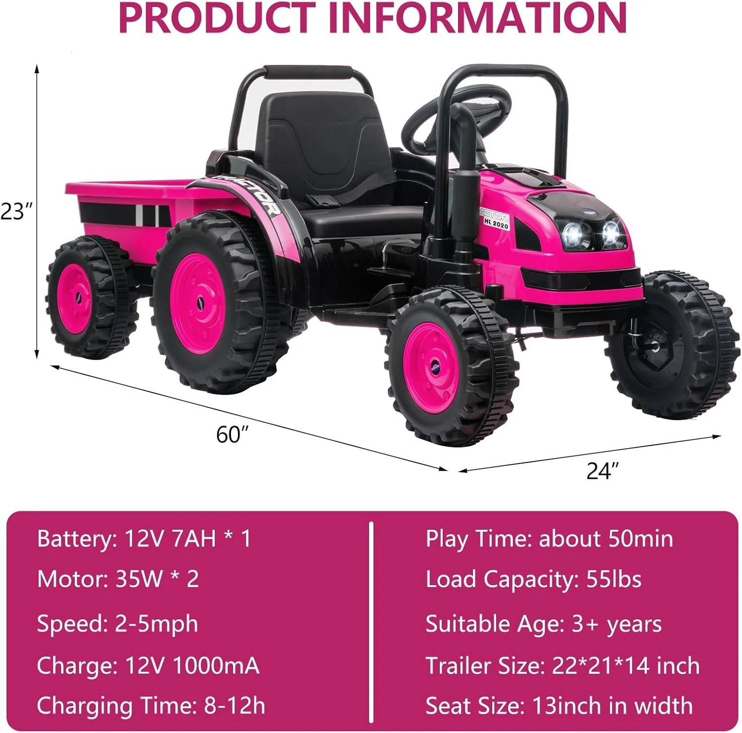 12V Electric Kids Ride-On Tractor Toy with Trailer and Remote Control in Pink - Image 2