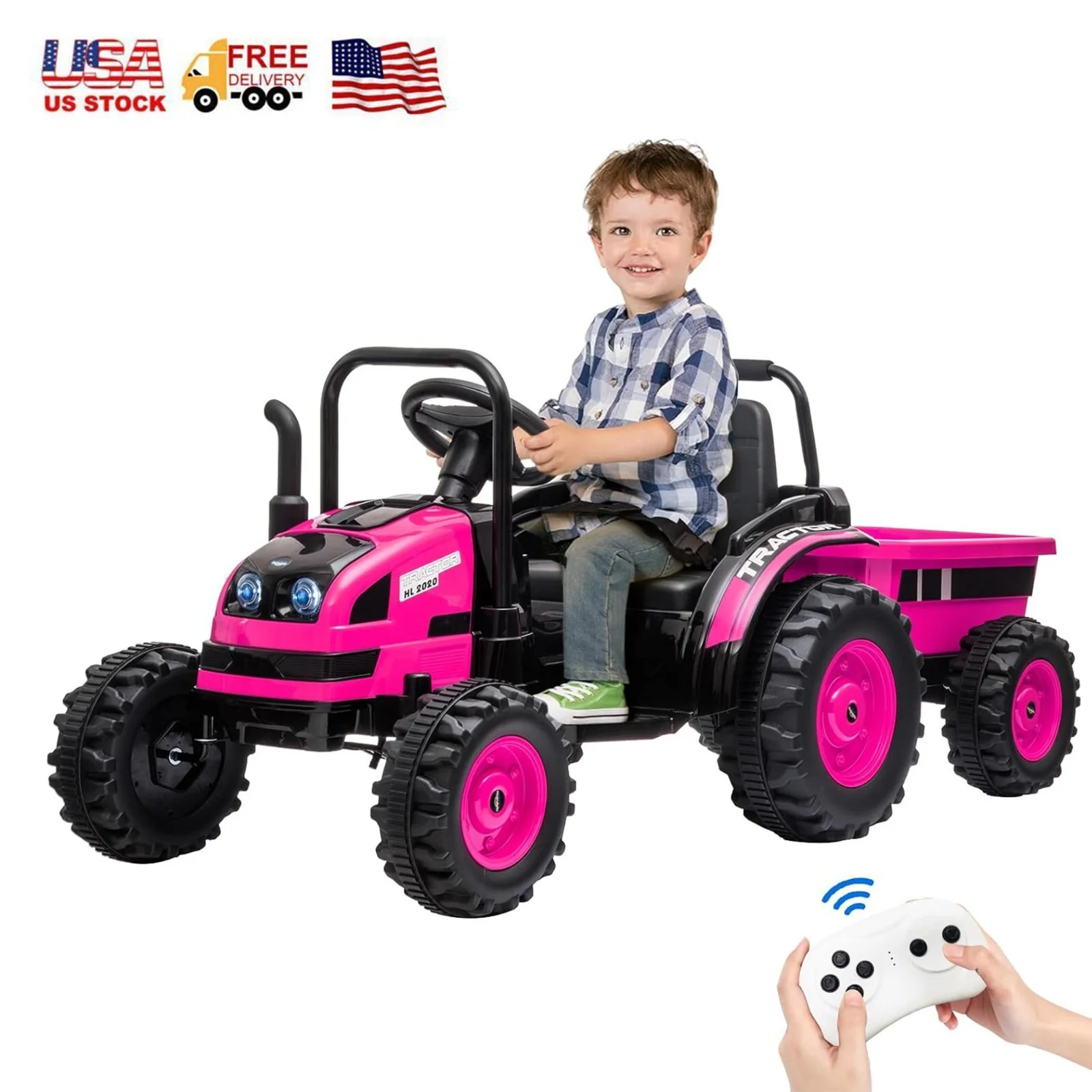 12V Electric Kids Ride-On Tractor Toy with Trailer and Remote Control in Pink - Image 8