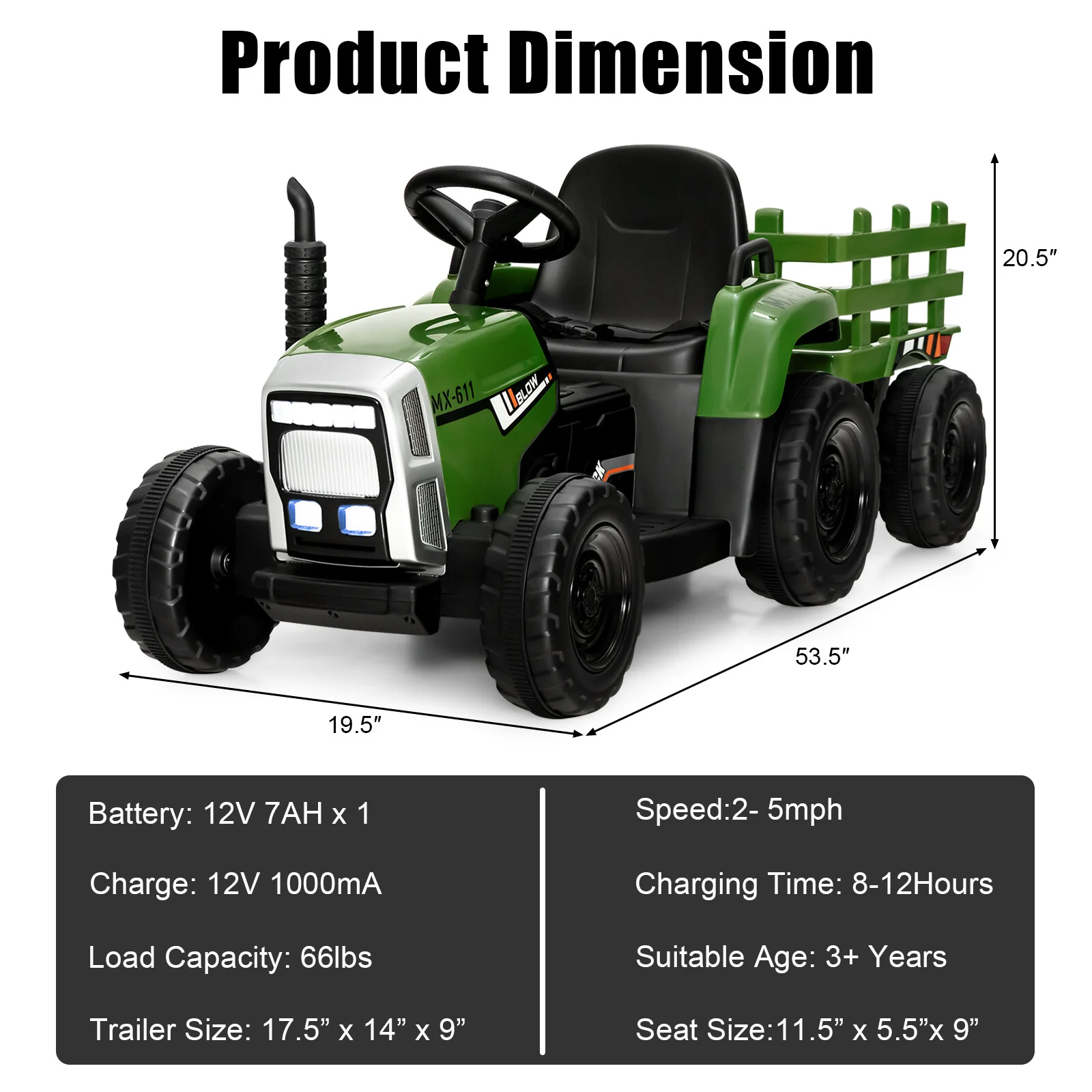12V Kids Ride-On Tractor with Trailer, 3 Variable Speeds and Remote Control - Image 2