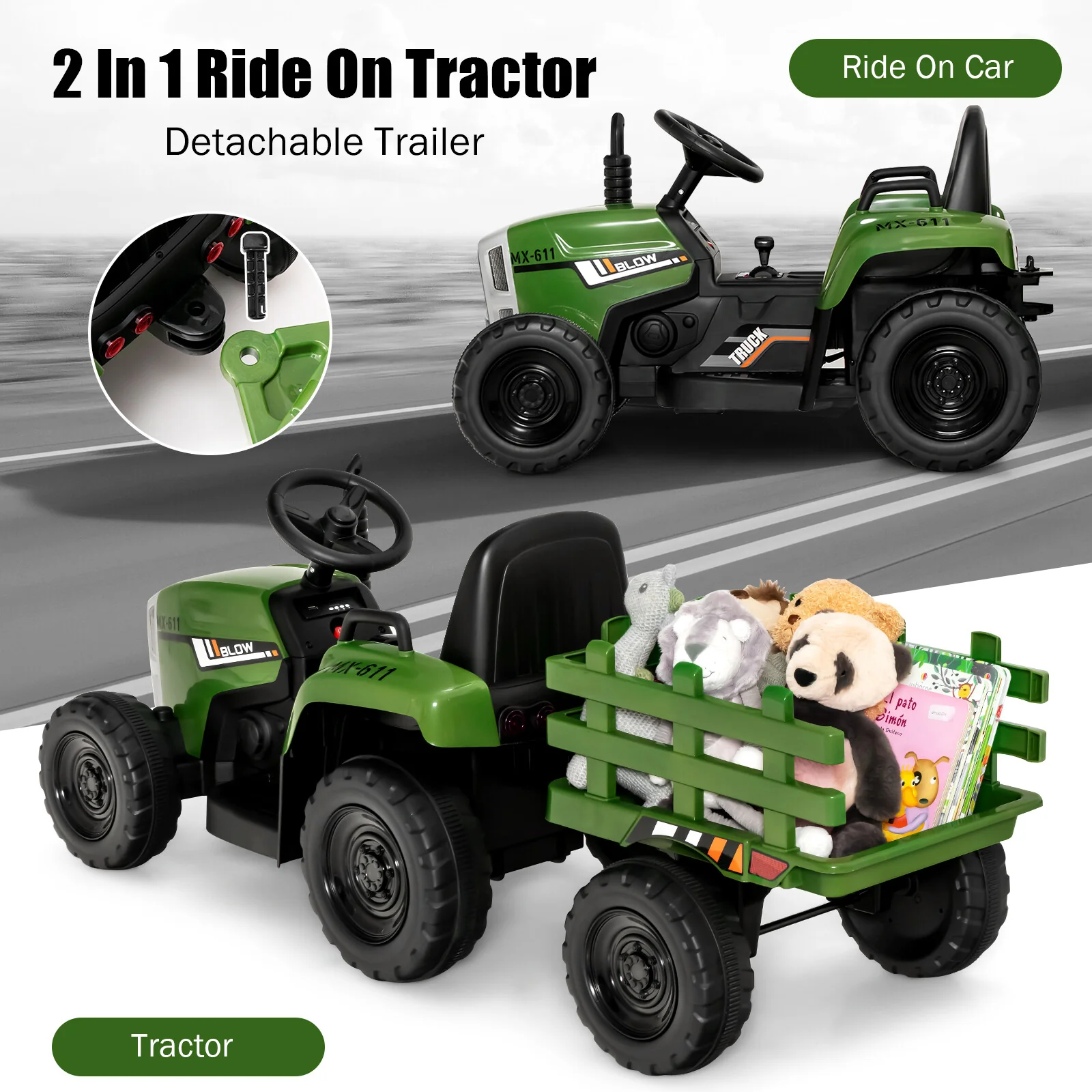 12V Kids Ride-On Tractor with Trailer, 3 Variable Speeds and Remote Control - Image 3