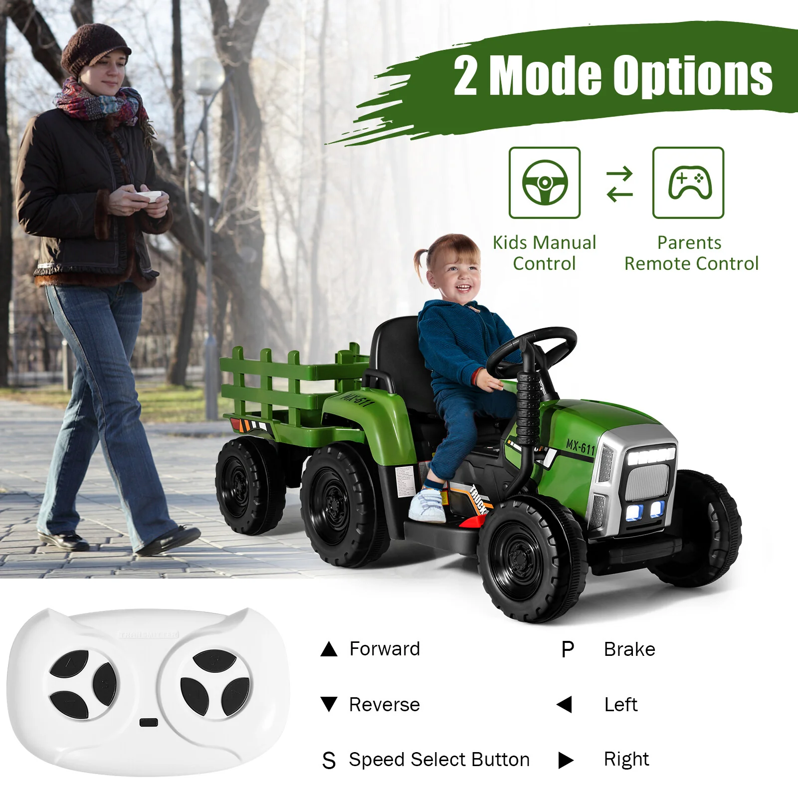 12V Kids Ride-On Tractor with Trailer, 3 Variable Speeds and Remote Control - Image 6