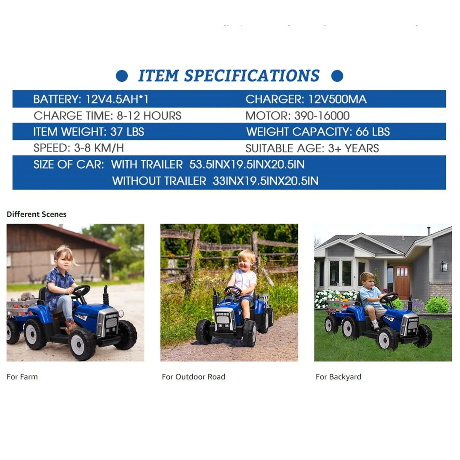 12V Kids Ride On Tractor Trailer with Lights - Battery Powered Toy Car - Image 2