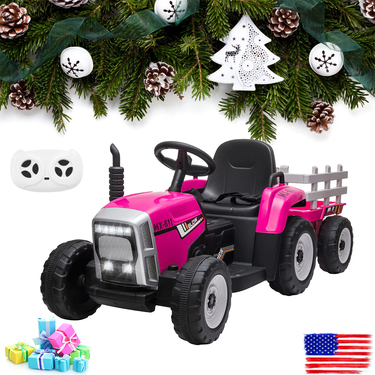 12V Kids Ride-On Tractor with Trailer and Remote Control, Battery Powered Toy Vehicle