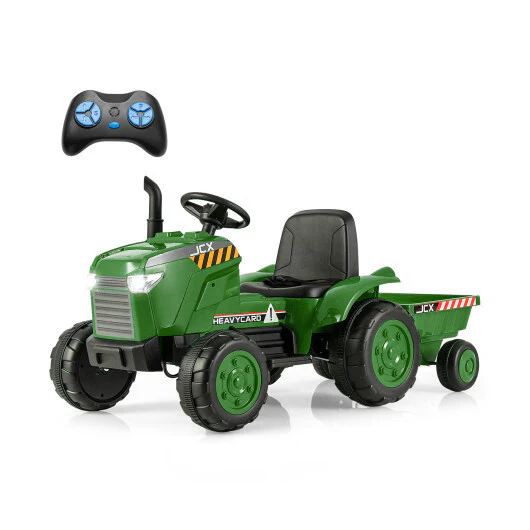 Green 12V Kids Ride-On Tractor with Trailer and Remote - Image 11