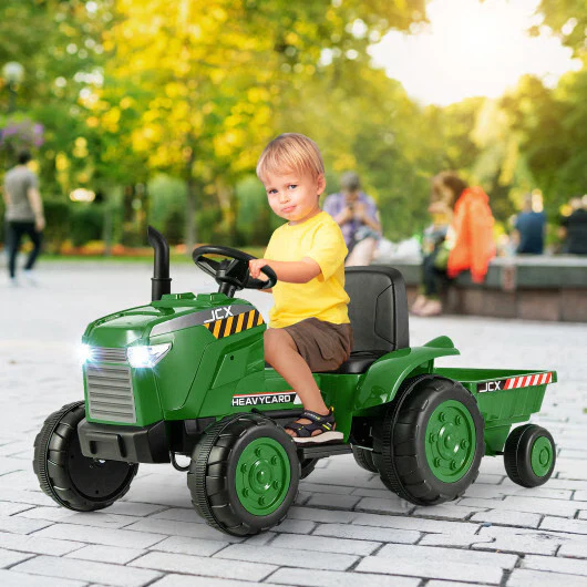 Green 12V Kids Ride-On Tractor with Trailer and Remote - Image 12