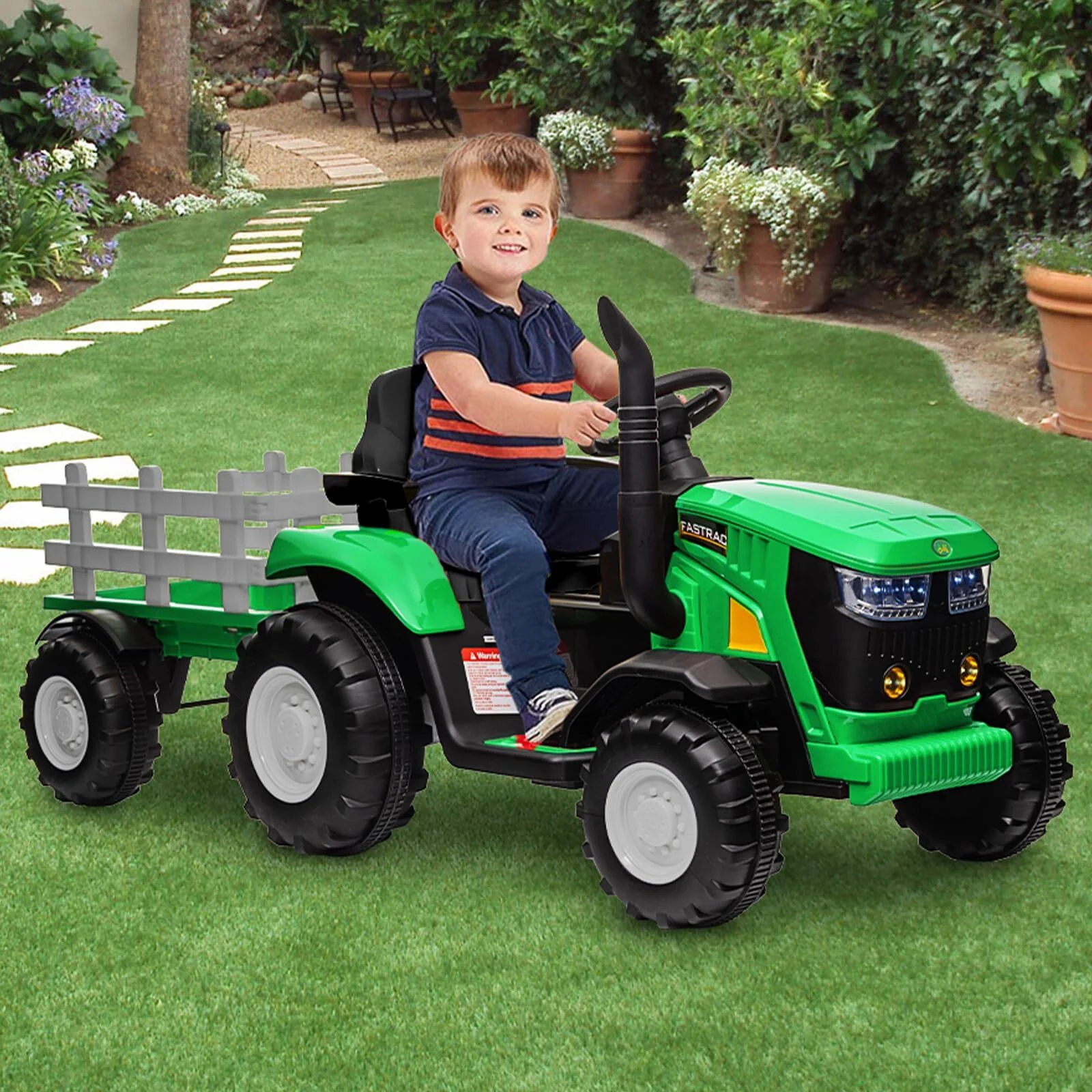 12V Battery-Powered Kids Electric Ride-On Tractor with Trailer and Remote Control Toy Car - Image 2
