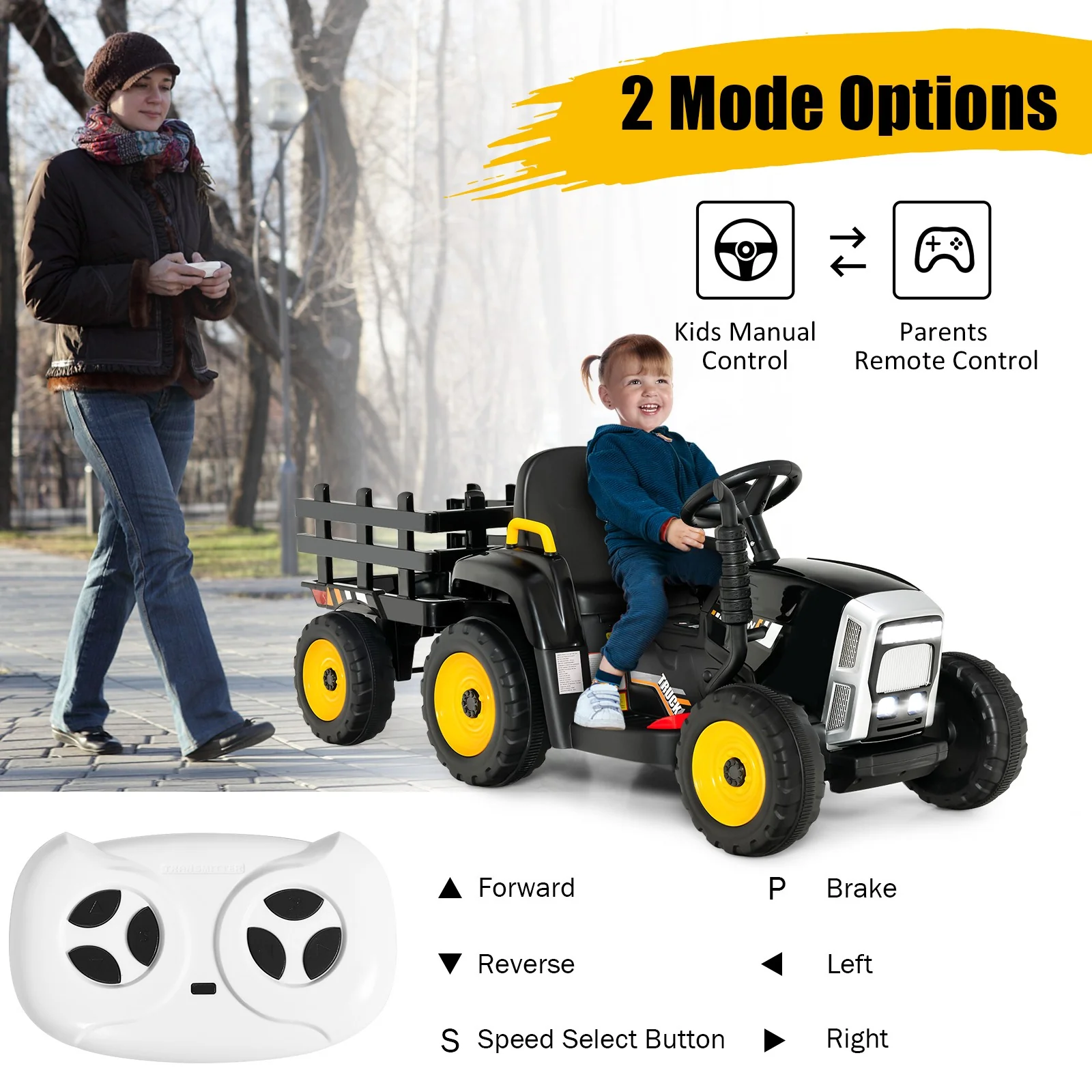 12V Kids Ride-On Tractor with Trailer and Ground Loader Remote Control and Lights in Black - Image 9