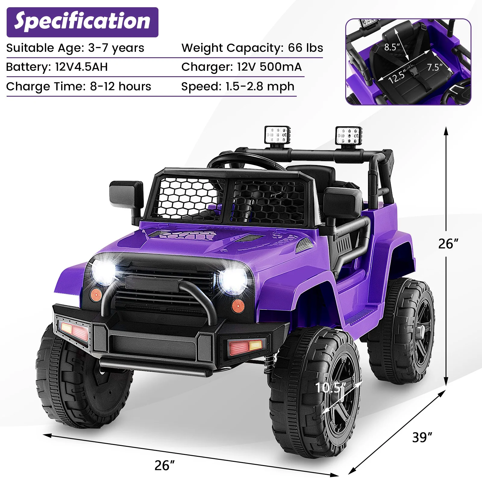 12V Kids Electric Ride-On Truck with Remote Control, Music, and Lights – Purple - Image 2