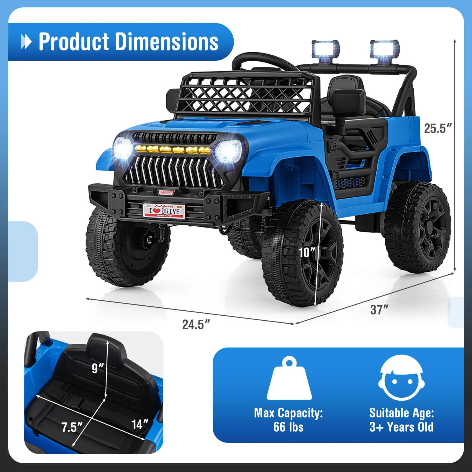 12V Kids Ride-On Truck Car with Parental Remote, 3 Speeds, LED Lights, and Music Player - Image 2