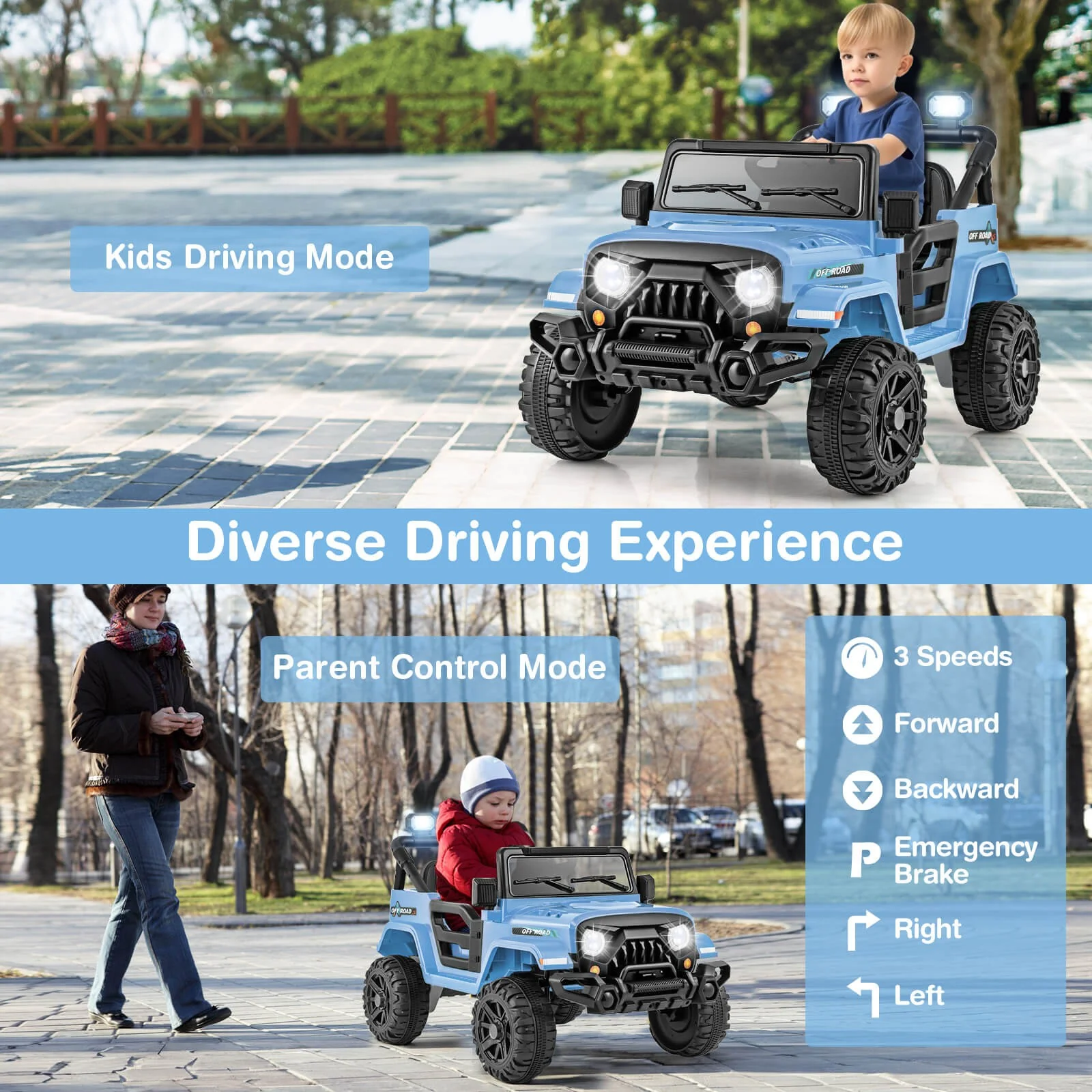 12V Kids Ride-On Truck Car with Remote Control, Threaded Wheels, 3 Speeds, and LED Lights - Image 5