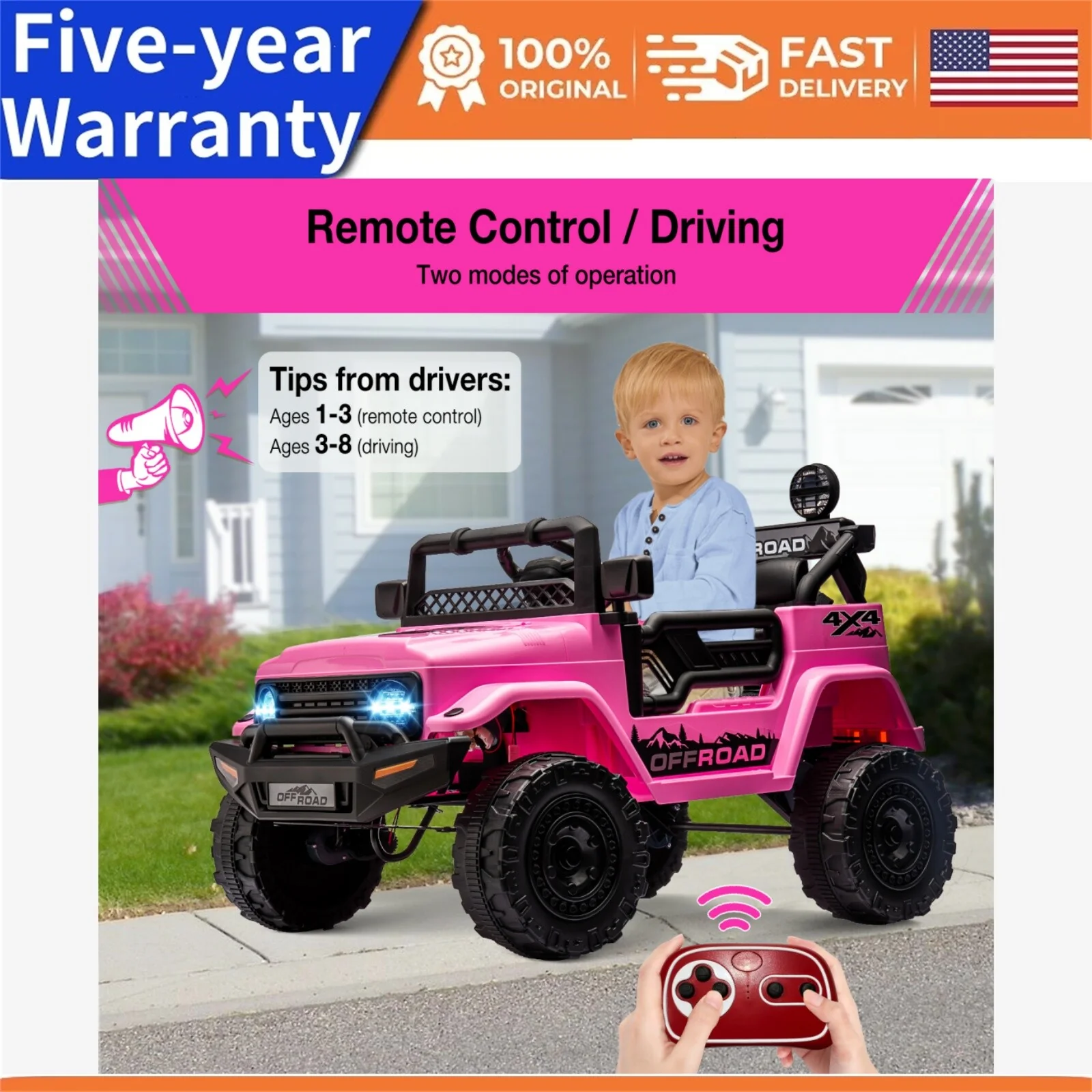 12V Kids Ride-On Truck Car with Parental Remote Control, Lights, and Music