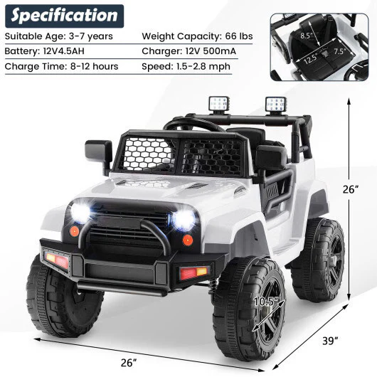 White 12V Children's Ride-On Truck with Remote Control and LED Lights - Image 4