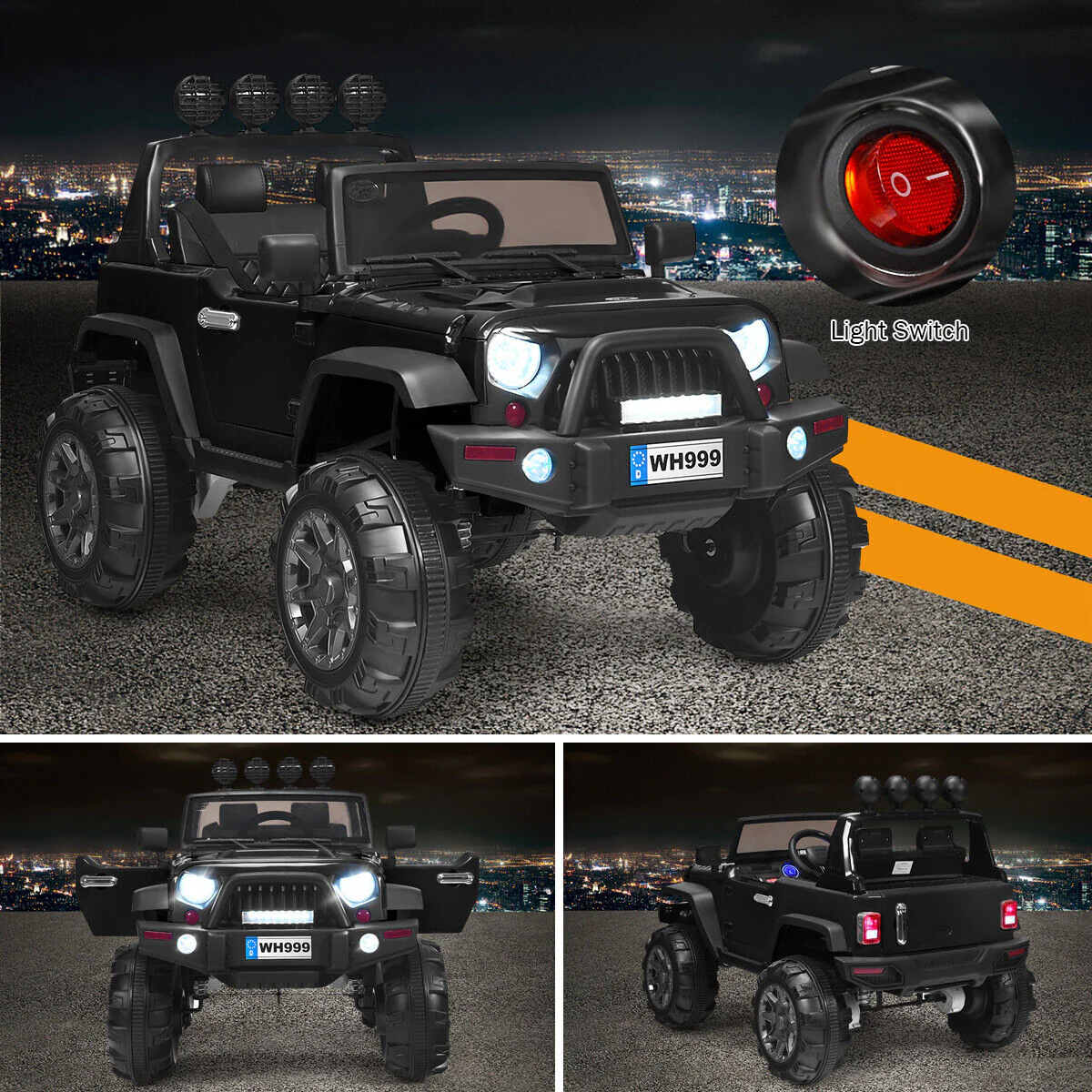12V Kids Ride On Truck with RC Control, LED Lights, Music, and Spring Suspension in Black - Image 5