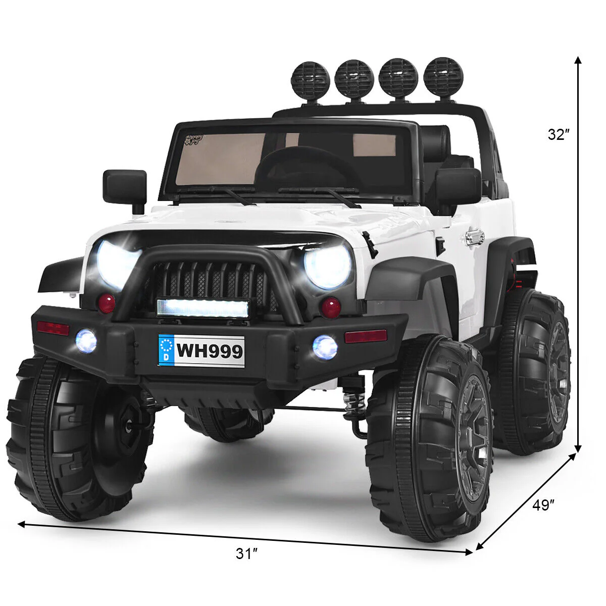 12V Kids Ride On Truck with RC Control, LED Lights, Music, and Spring Suspension in White - Image 2