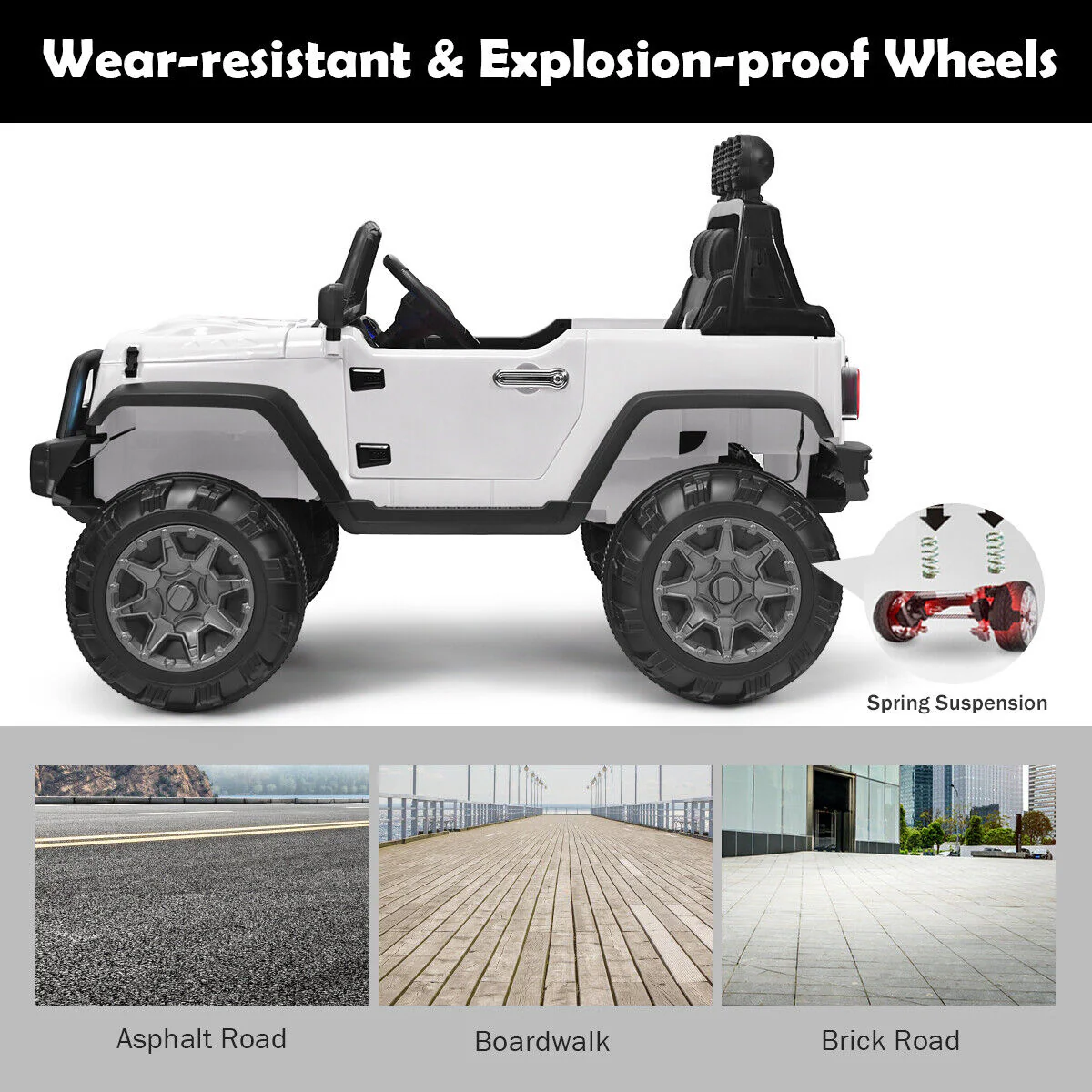 12V Kids Ride On Truck with RC Control, Spring Suspension, Light & Music, and Trunk in White - Image 8