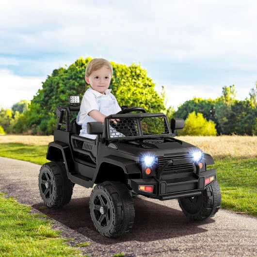 12V Remote-Controlled Black Kids Ride-On Truck with Headlights - Image 3