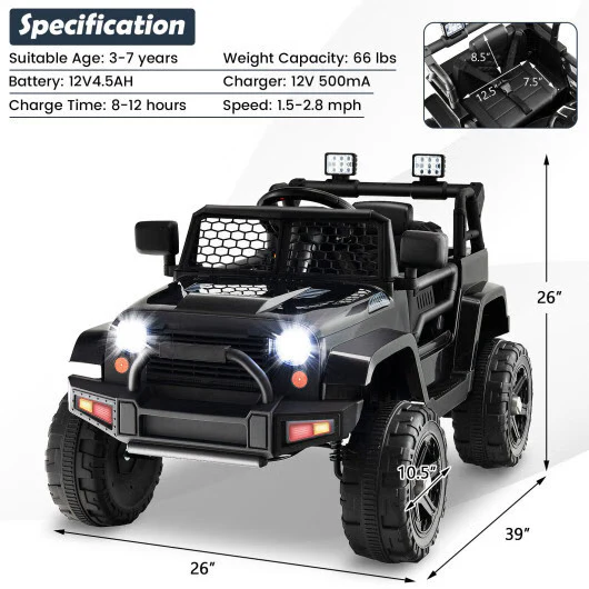 12V Remote-Controlled Black Kids Ride-On Truck with Headlights - Image 4