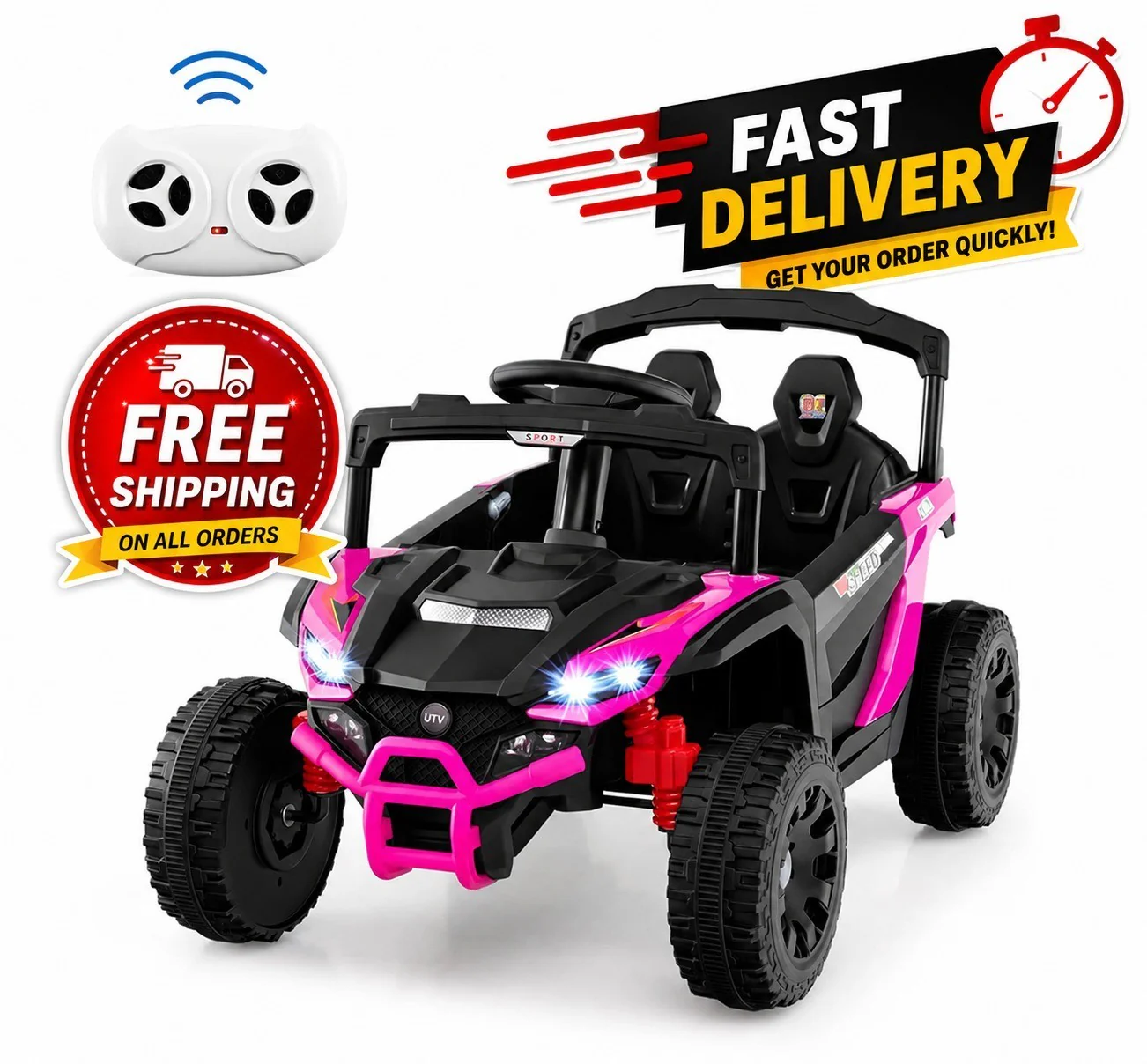 12V Pink Kids UTV Ride-On Car with Remote Control, LED Lights, and 3 Speed Options for Ages 3+
