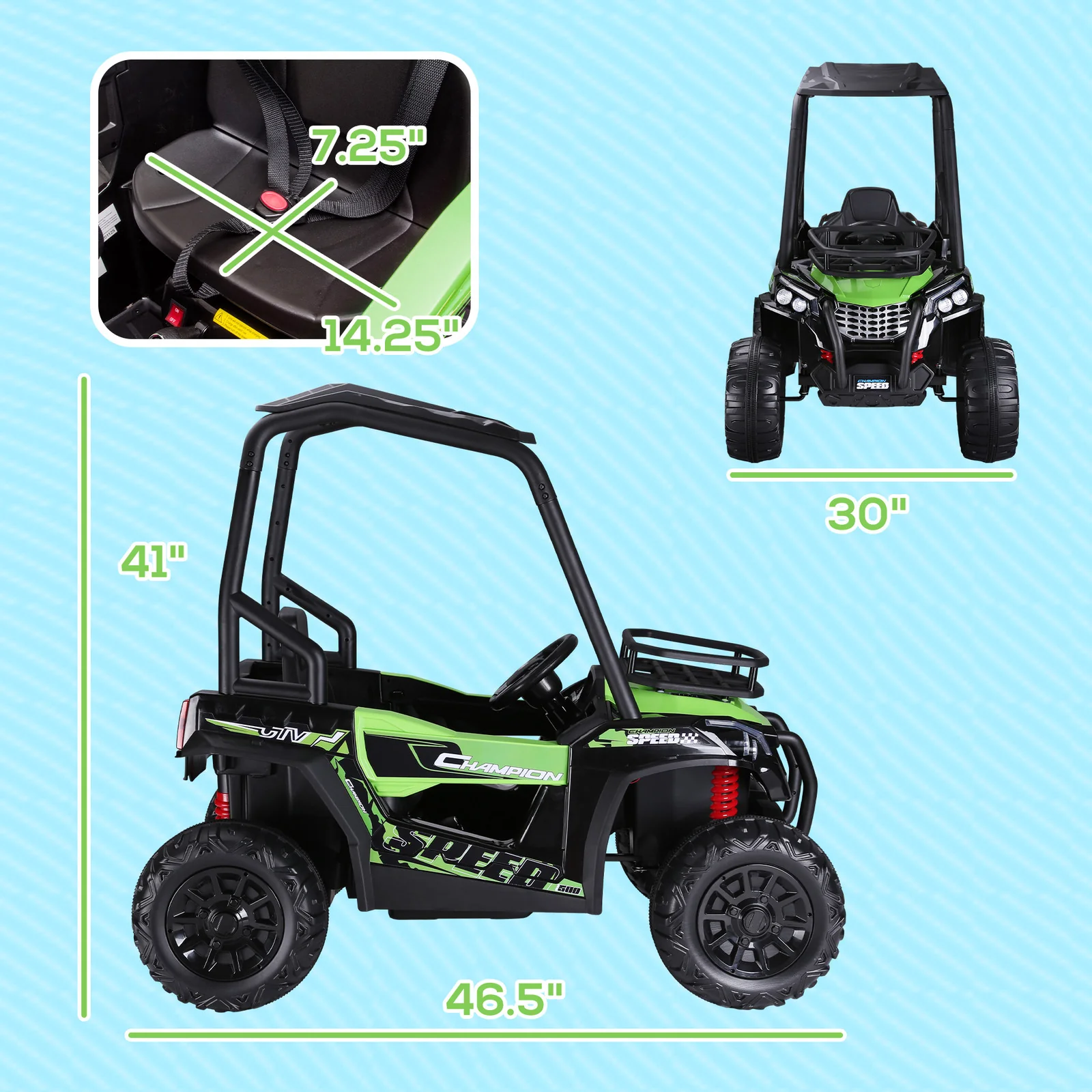 12V Kids UTV with Music, Lights, MP3/USB, Suspension, Green - Image 2