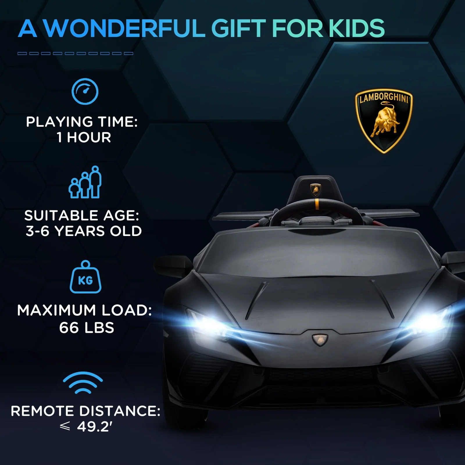 12V Licensed Lamborghini Huracan Electric Ride-On Car for Kids Ages 3-6 Black - Image 11