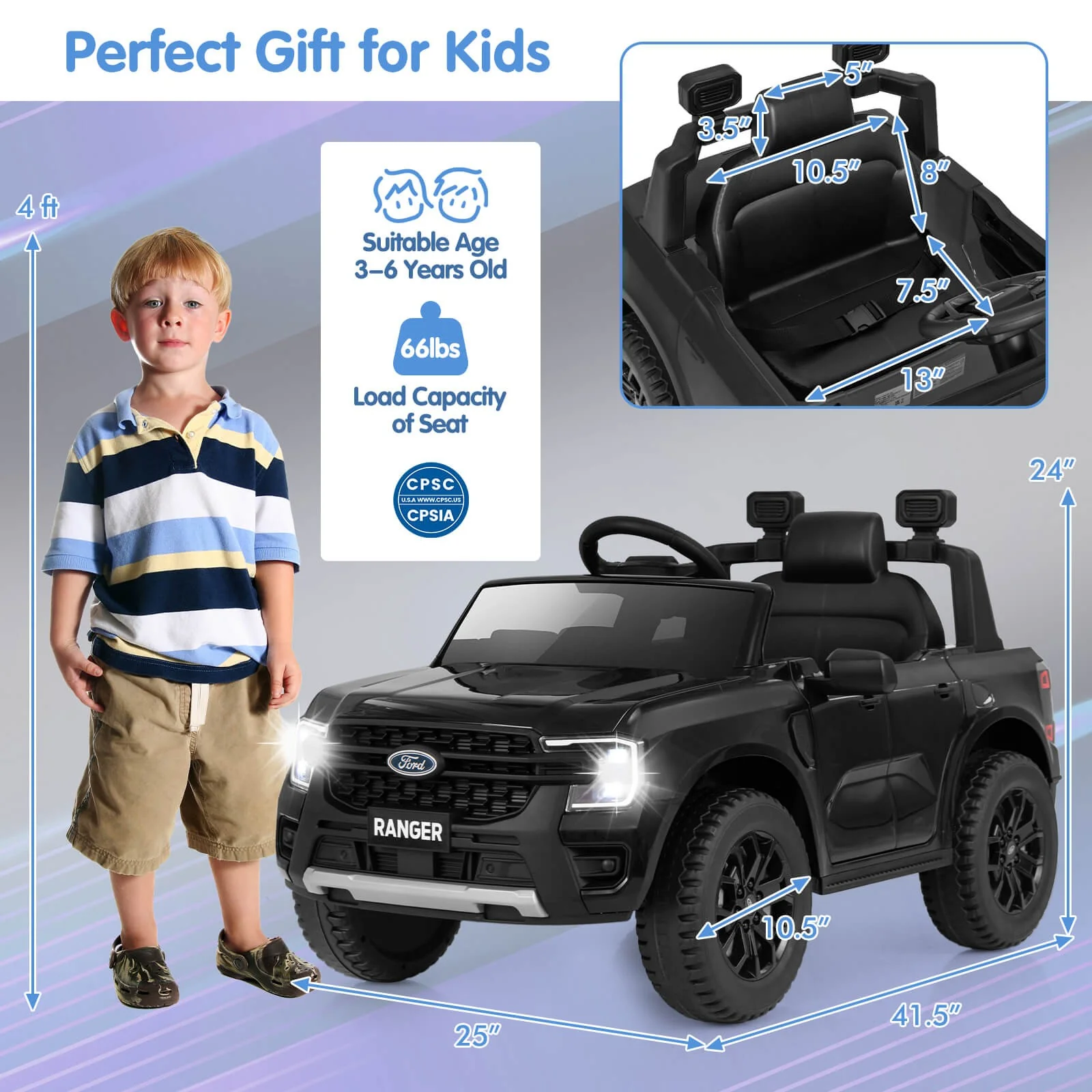 12V Licensed Ford Ranger Kids Ride-On Car with Remote Control and Storage Basket - Image 2