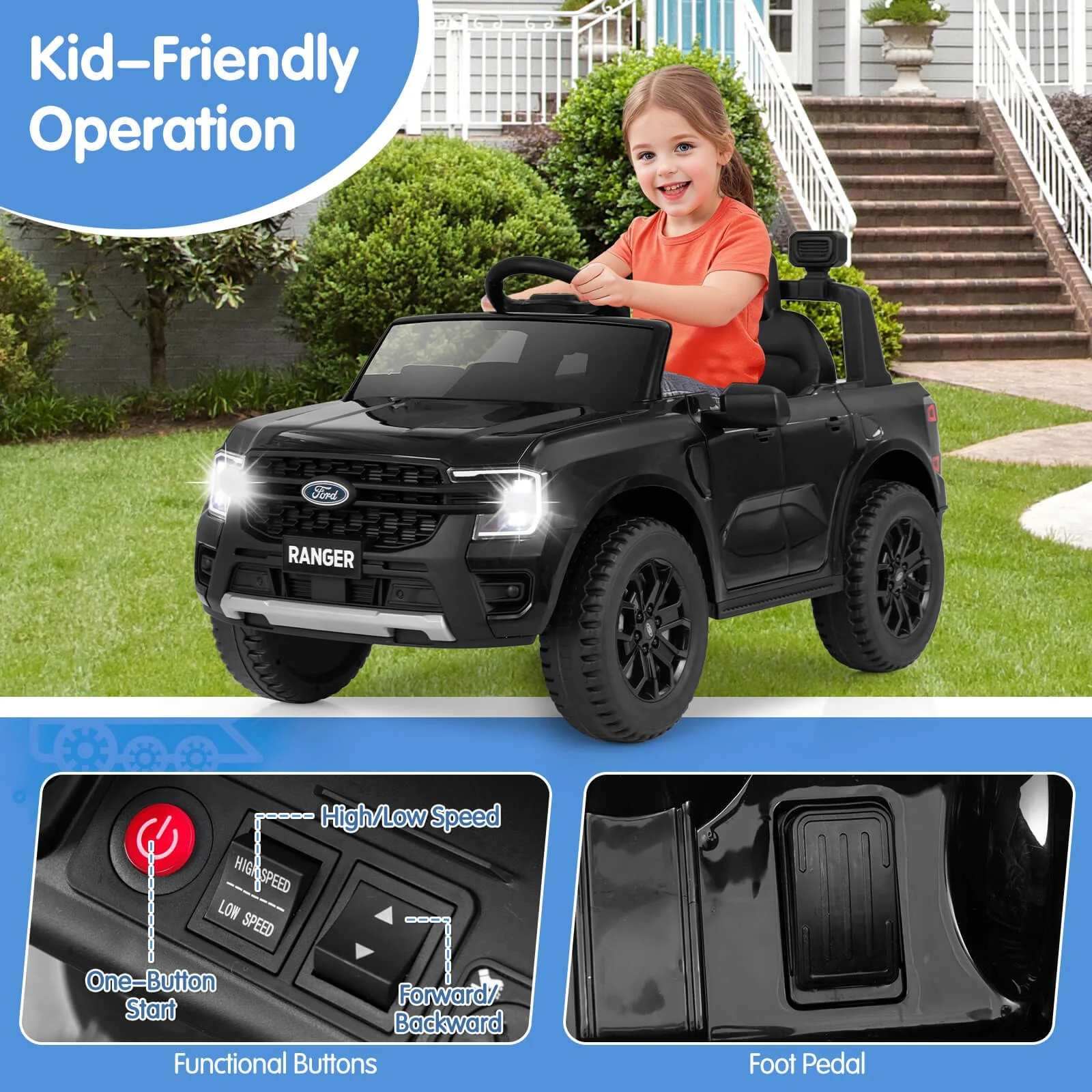 12V Licensed Ford Ranger Kids Ride-On Car with Remote Control and Storage Basket - Image 5