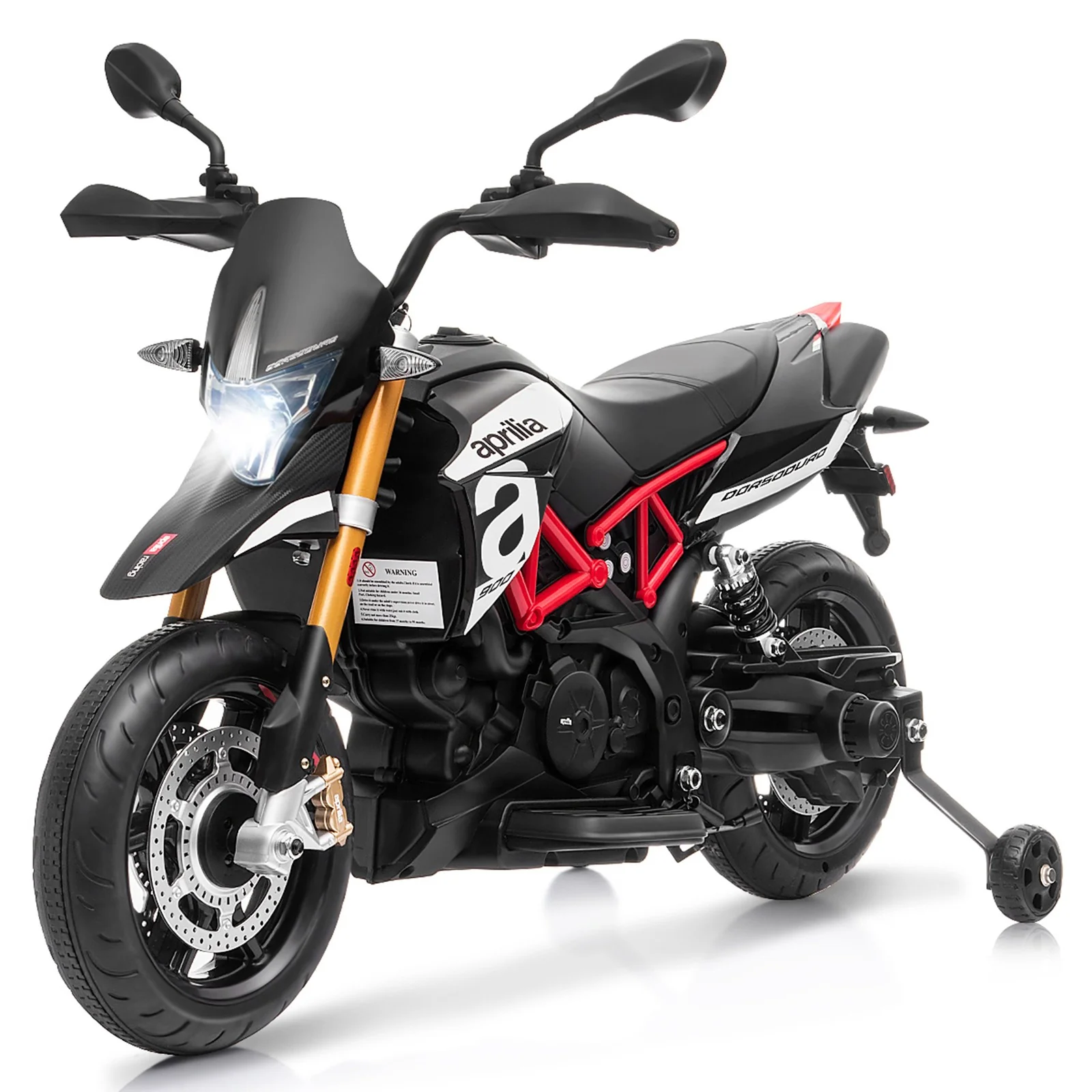 12V Licensed Kids Ride-On Motorcycle with Headlight and Training Wheels, Black - Image 10