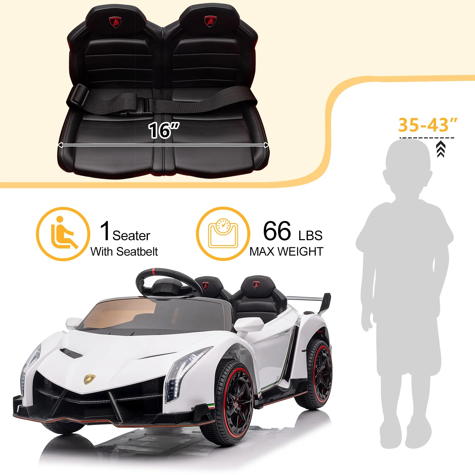 12V Official Lamborghini Veneno Electric Ride-On Car for Kids, 66lbs - Image 3