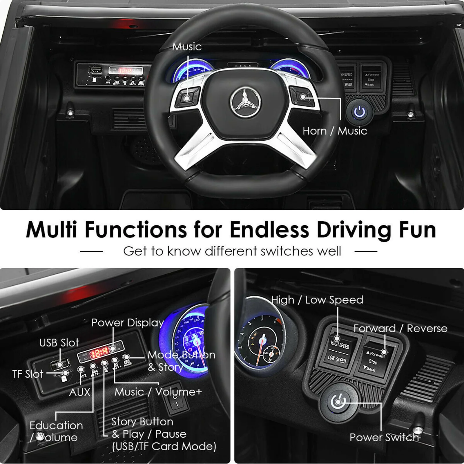 12V Licensed Mercedes-Benz Kids Ride-On RC Motorized Car with Trunk Black - Image 6
