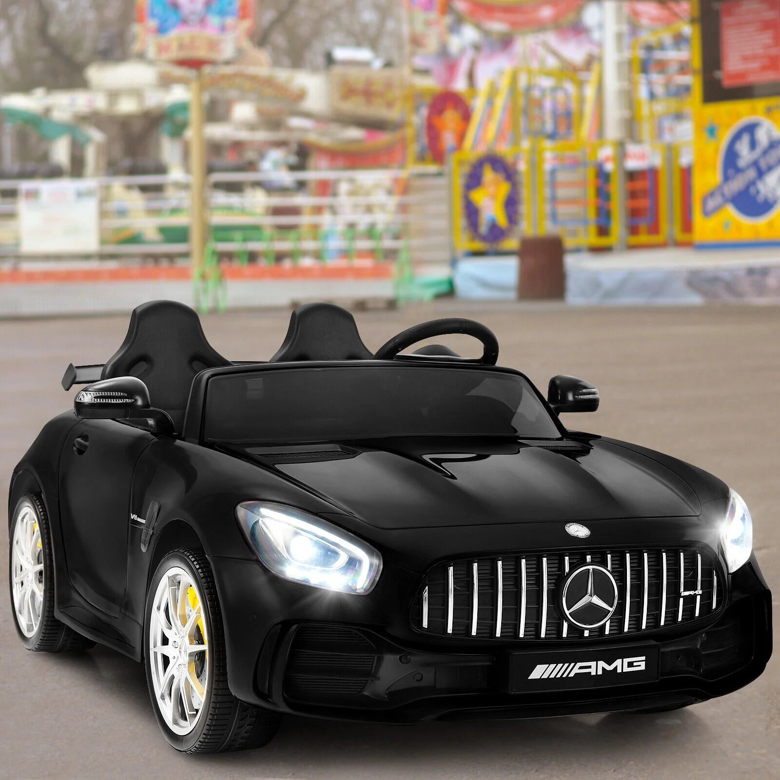 12V Mercedes Benz AMG GTR Kids Ride On Car with Remote Control and LED Lights in Black - Image 3