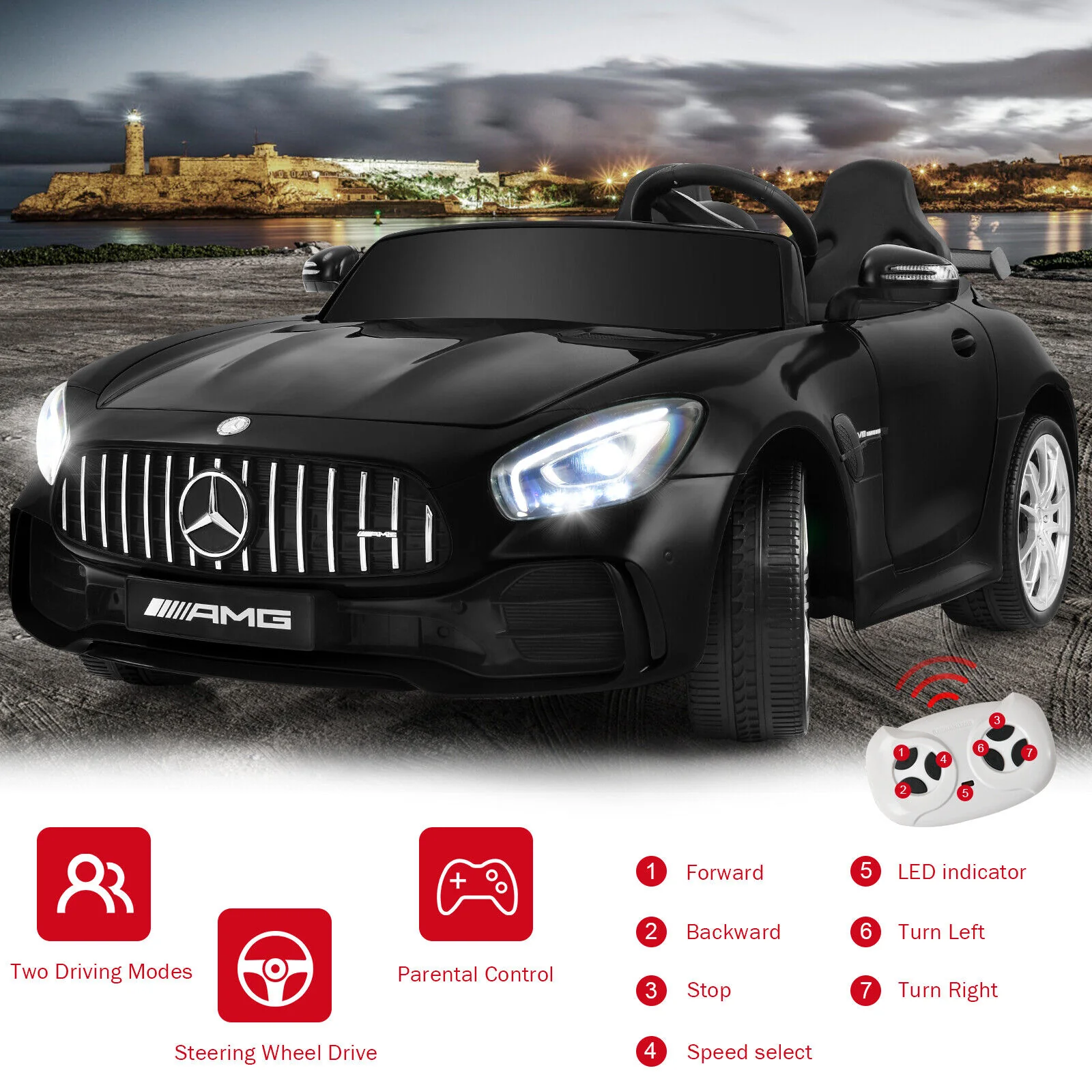12V Mercedes Benz AMG GTR Kids Ride On Car with Remote Control and LED Lights in Black - Image 9