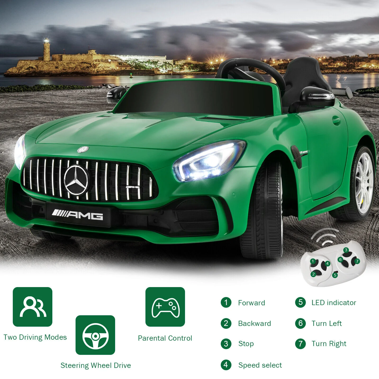 12V Mercedes Benz AMG GTR Kids Ride On Car with Remote Control and LED Lights in Green - Image 9