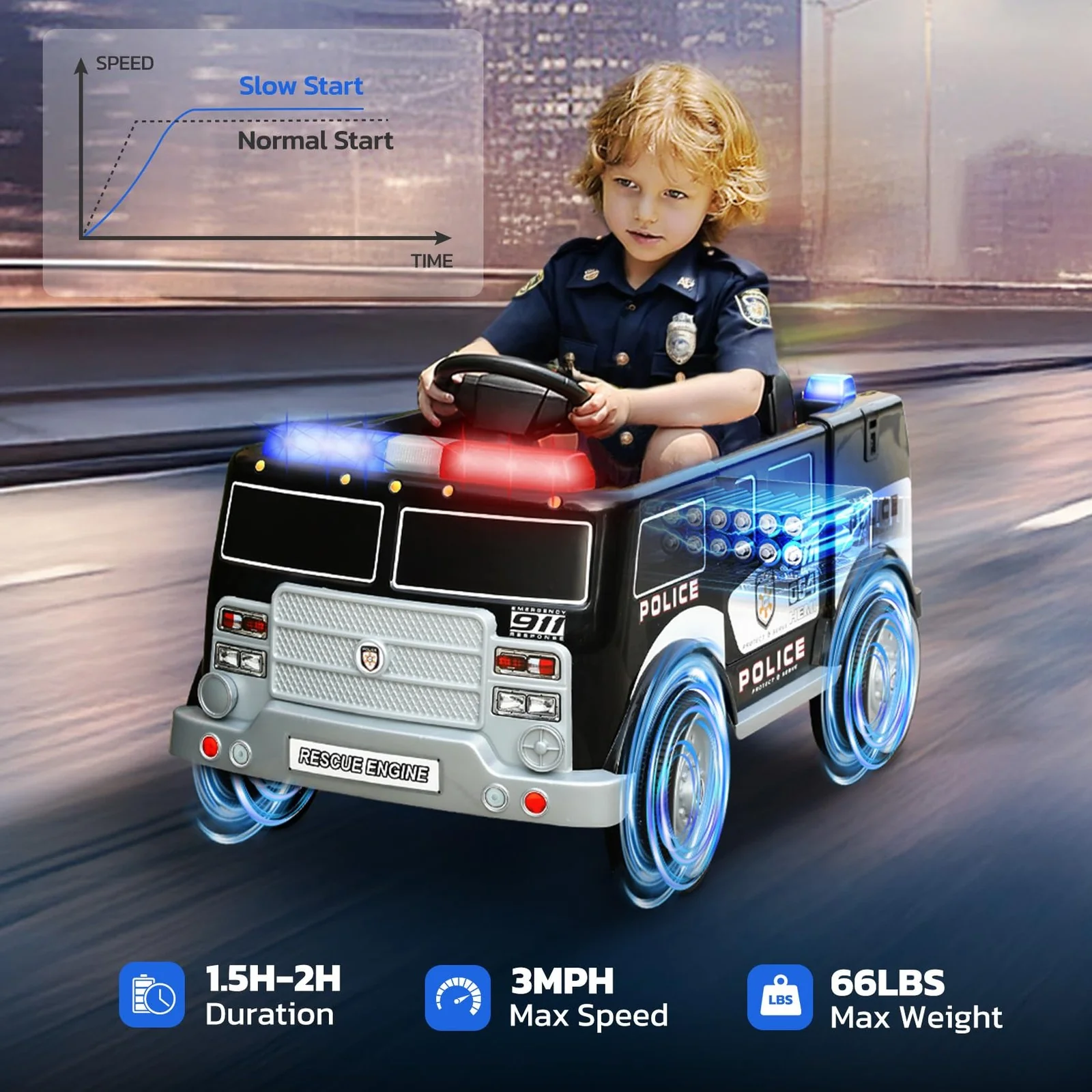 12V Montable Carro de Policía con Control Remoto Luces y Música para Niños - Image 4