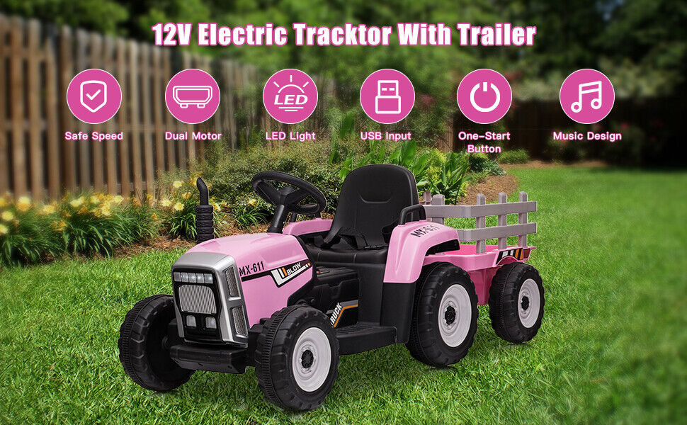 12V Pink Electric Ride-On Tractor with Trailer Bucket for Kids - Image 3