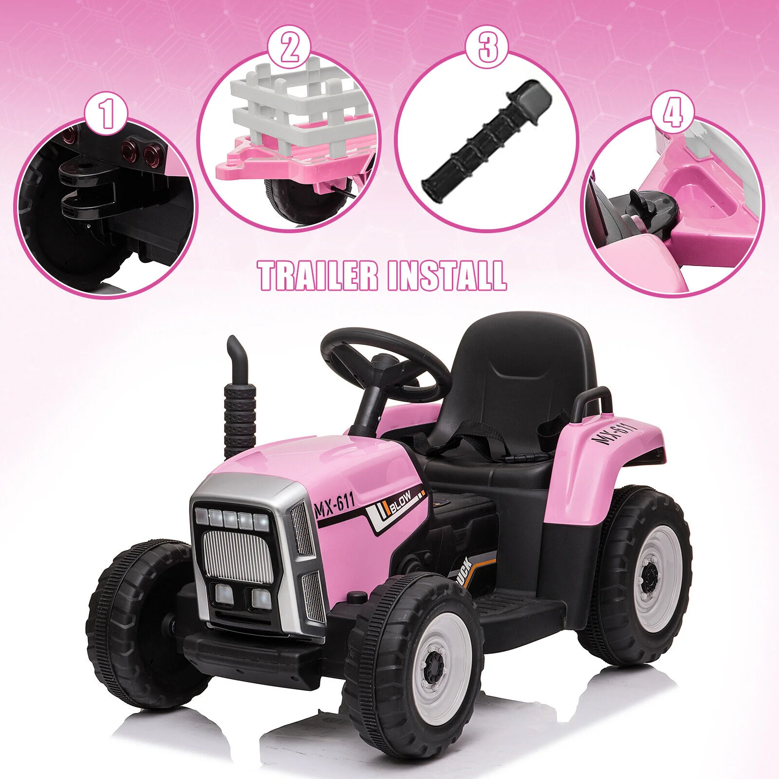 12V Pink Electric Ride-On Tractor with Trailer Bucket for Kids - Image 5