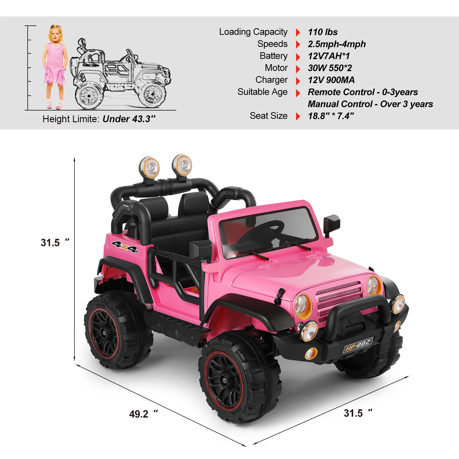 12V Pink Kids Ride on Truck with MP3, LED Light, RC, and Cover - Black - Image 2