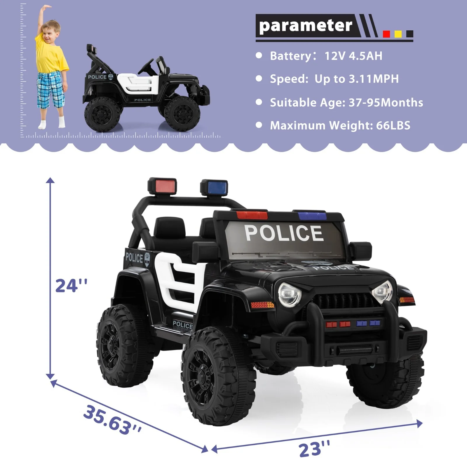 12V Battery-Powered Police Jeep Ride-On Car with 2.4G Remote Control - Image 9