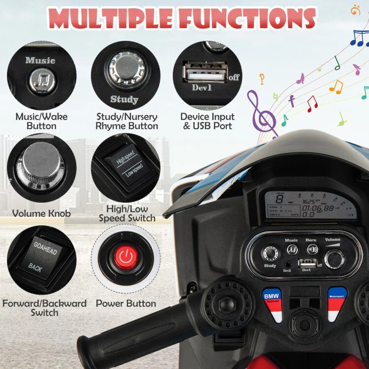 12V Rechargeable Battery Ride-On Motorcycle Toy for Kids with Headlights and Music - Image 8