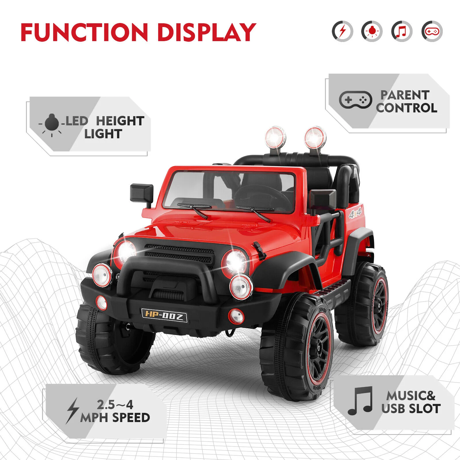 12V Red Kids Ride-On Truck with MP3, LED Lights, RC Control, and Cover - Image 5