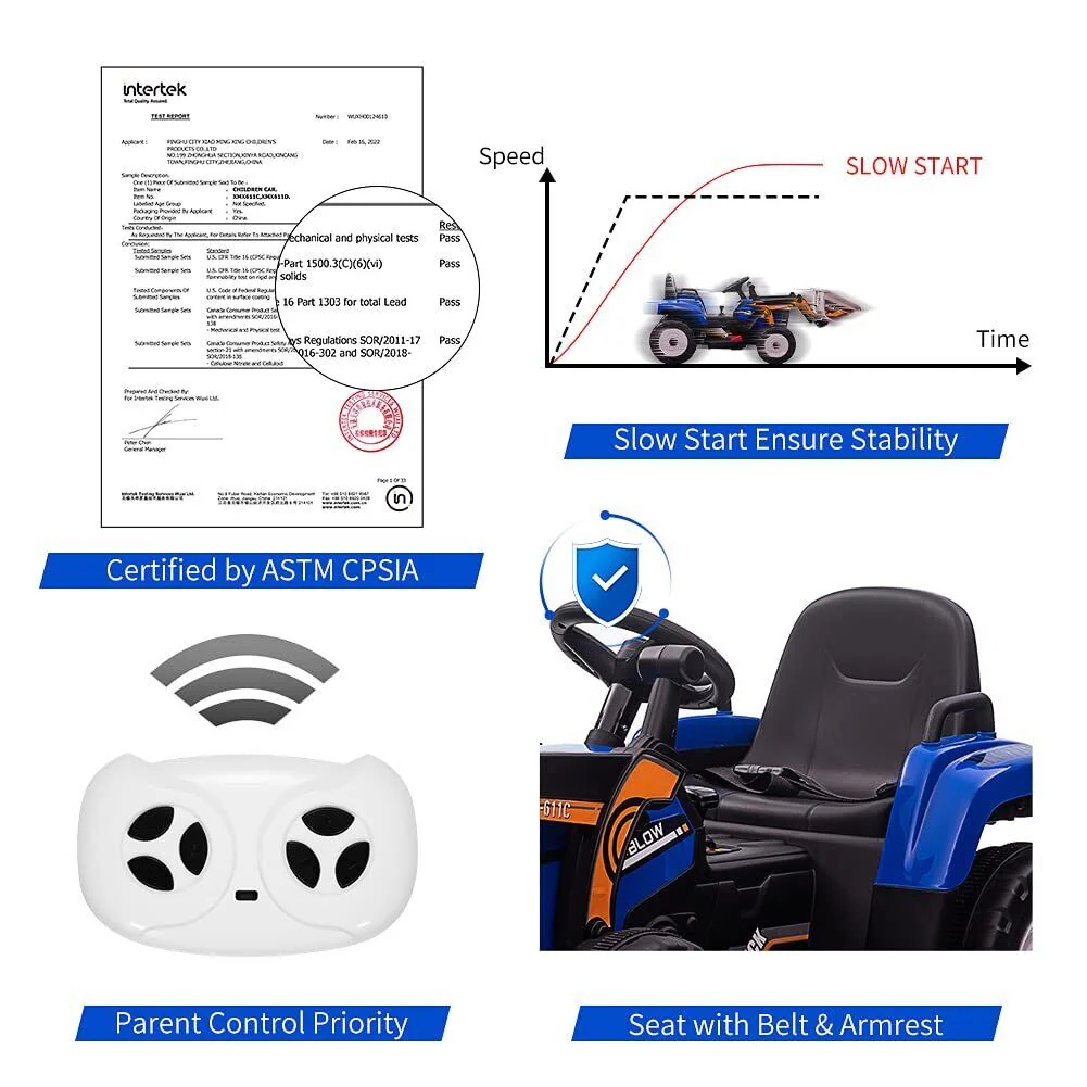 12V Remote Control Excavator Ride-On Car for Kids with EVA Tires - Blue - Image 2