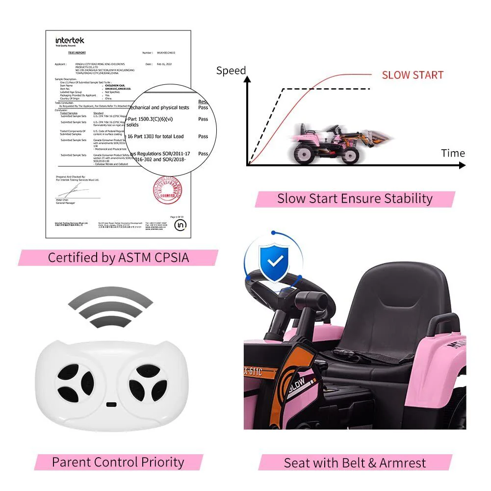 12V Remote Control Excavator Ride-On Car for Kids with EVA Tires - Pink - Image 4