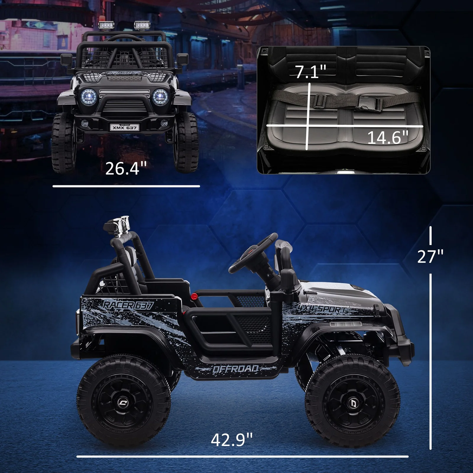 12V Ride-On Car and Truck with 4 Suspension Wheels in Black - Image 2
