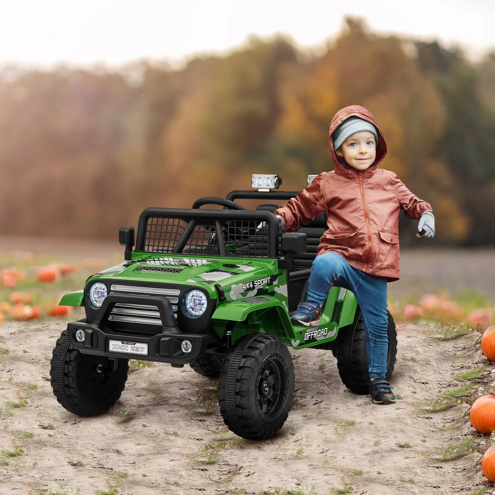 12V Green Ride-On Car and Truck with 4 Suspension Wheels