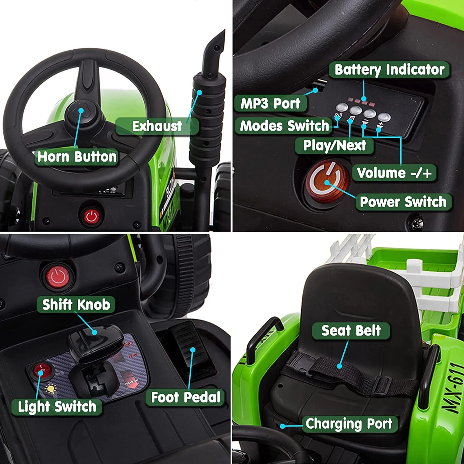 12V Electric Ride-On Tractor with Trailer, LED Lights, and MP3 Player for Kids - Image 9